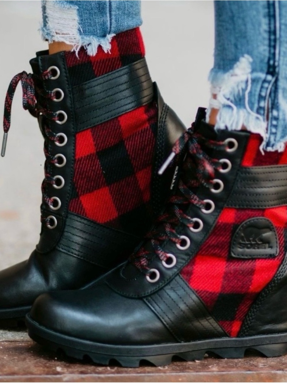 Sorel Red & Black Buffalo Plaid Lace-Up Women's Boots